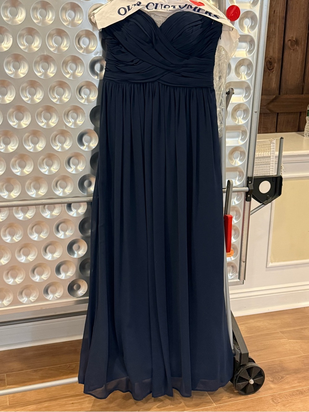 Bill Levkoff Navy Strapless Ruched Chiffon Gown
